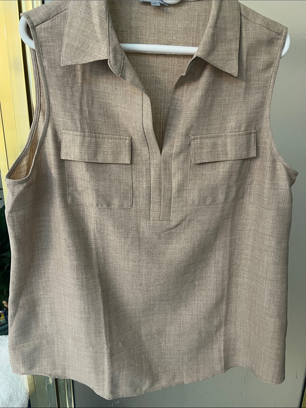 Sleeveless Collared Tank Top in Khaki Color